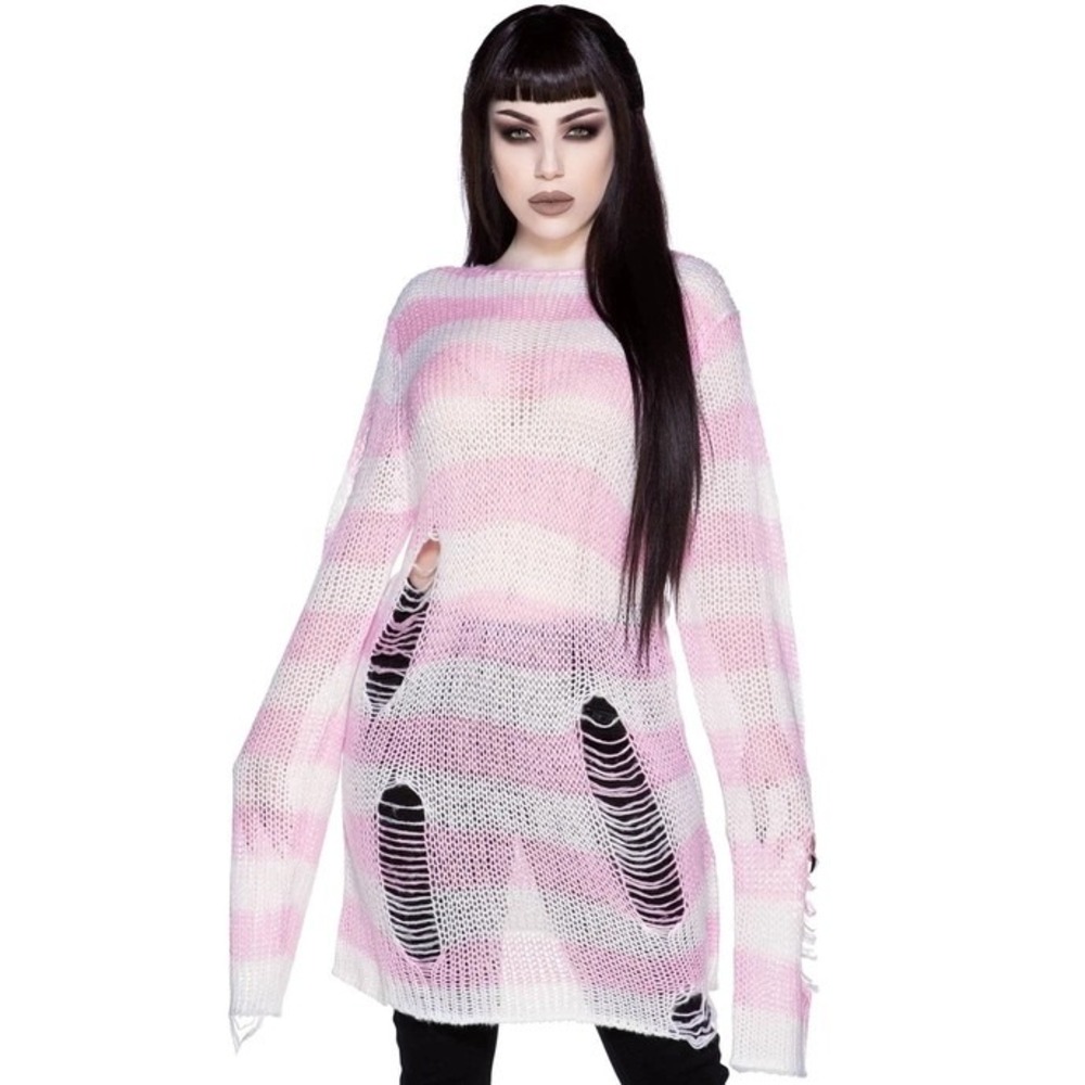 Killstar marshmellow pastel pink white striped distressed long lose fit‎ sweater